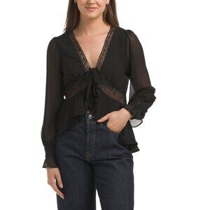 HAVER Jet Black Solid Pebble Chiffon Blouse With Lace Trim